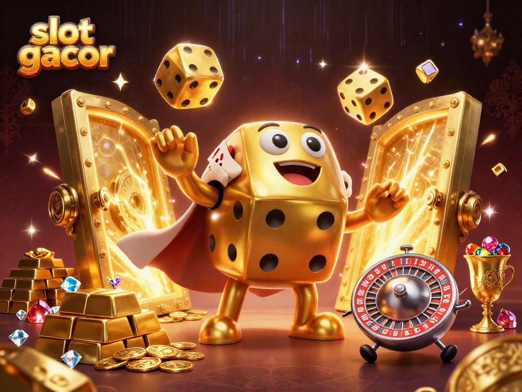Slot gacor dengan dadu emas raksasa dan elemen permainan kasino yang memukau.