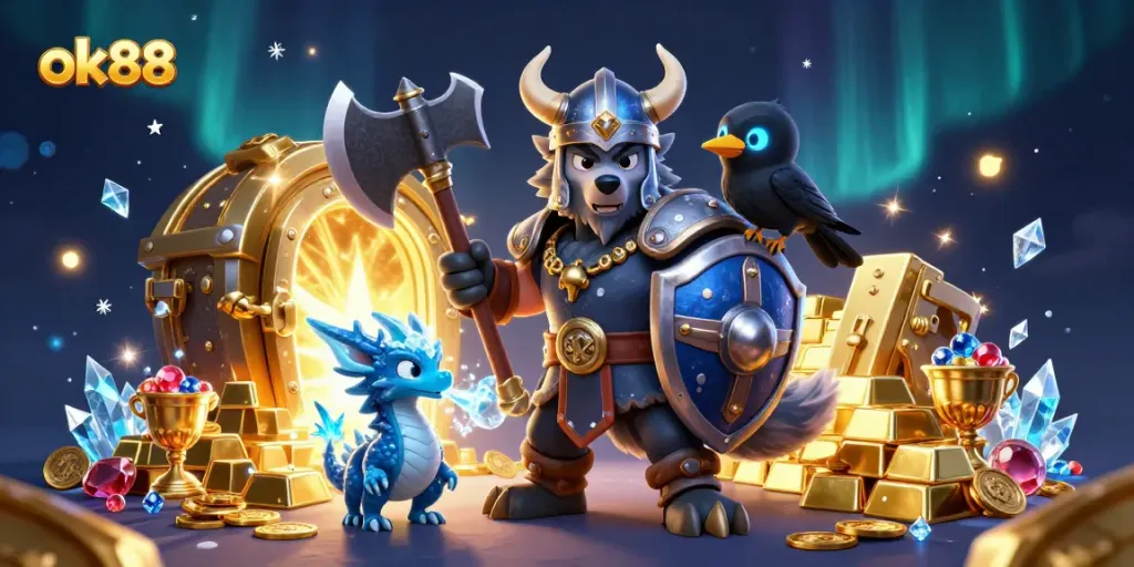 Experience thrilling slots at ok88 with Viking and dragon in a rich treasure scene.