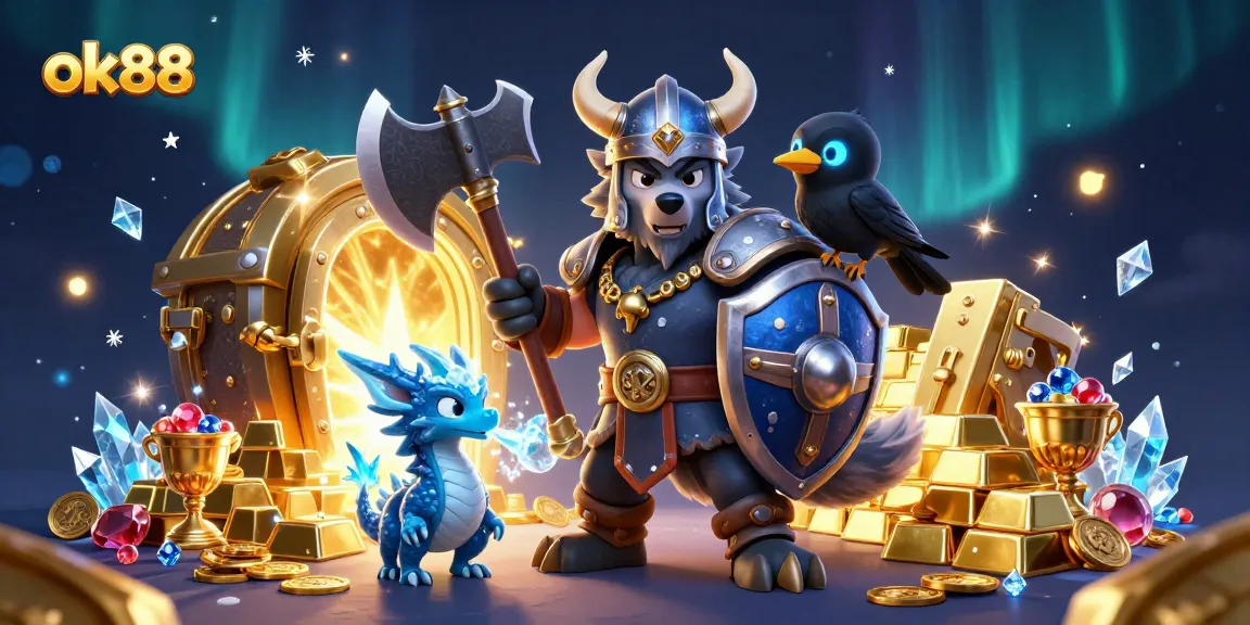 Experience thrilling slots at ok88 with Viking and dragon in a rich treasure scene.