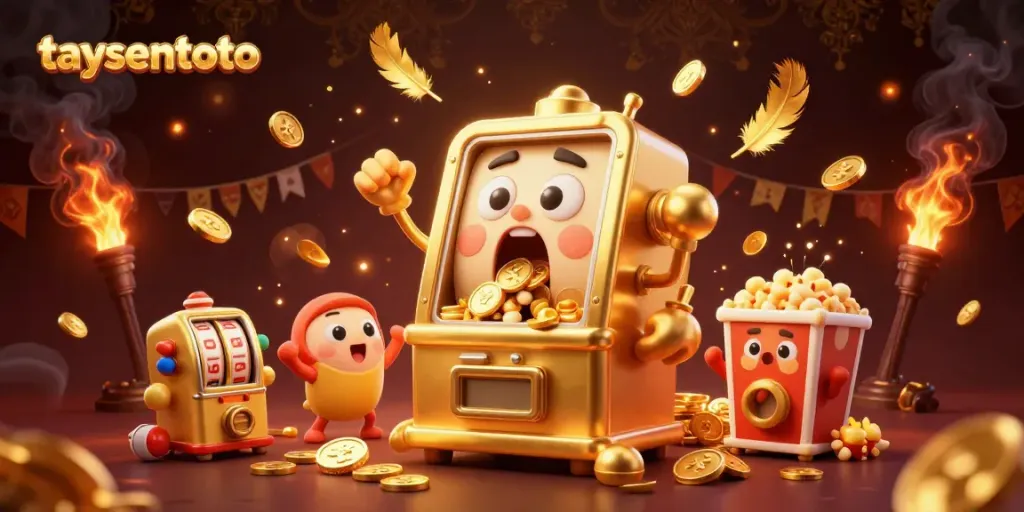 TAYSENTOTO menghadirkan mesin slot emas 3D yang menang jackpot dikelilingi penyemangat dan efek bernuansa kasino.