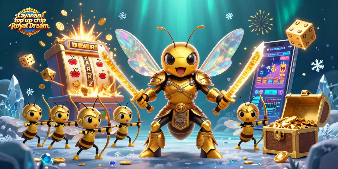 Layanan top up chip Royal Dream showcases a dynamic 3D casino scene with engaging elements like a slot machine and vibrant characters.