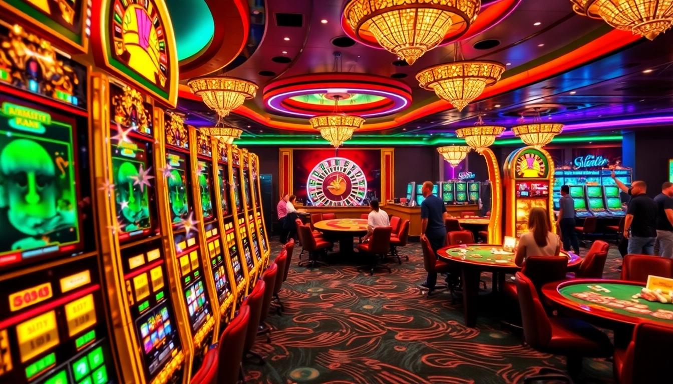 Excited gamblers enjoying a thrilling slot88 game in a luxurious casino atmosphere.