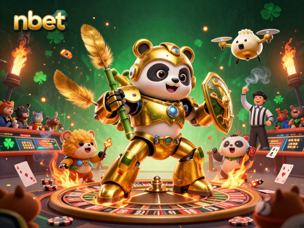 Engage in thrilling nbet live casino action with a dynamic 3D scene featuring a golden panda in a mech suit.