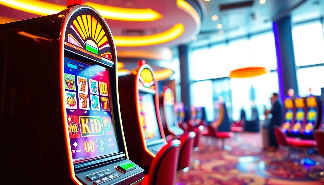 Bermain slot gacor dengan mesin slot modern dan cerah di kasino yang mengundang.