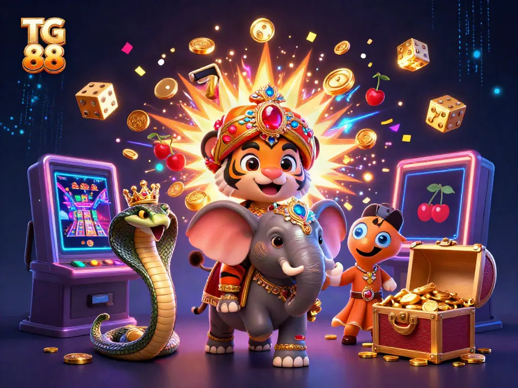 Win big with TG 88 in this vibrant casino scene featuring a jackpot explosion and rich details.
