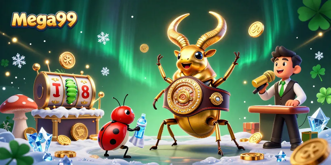 Win big with mega99 as the golden stag beetle faces off in a vibrant casino illustration.