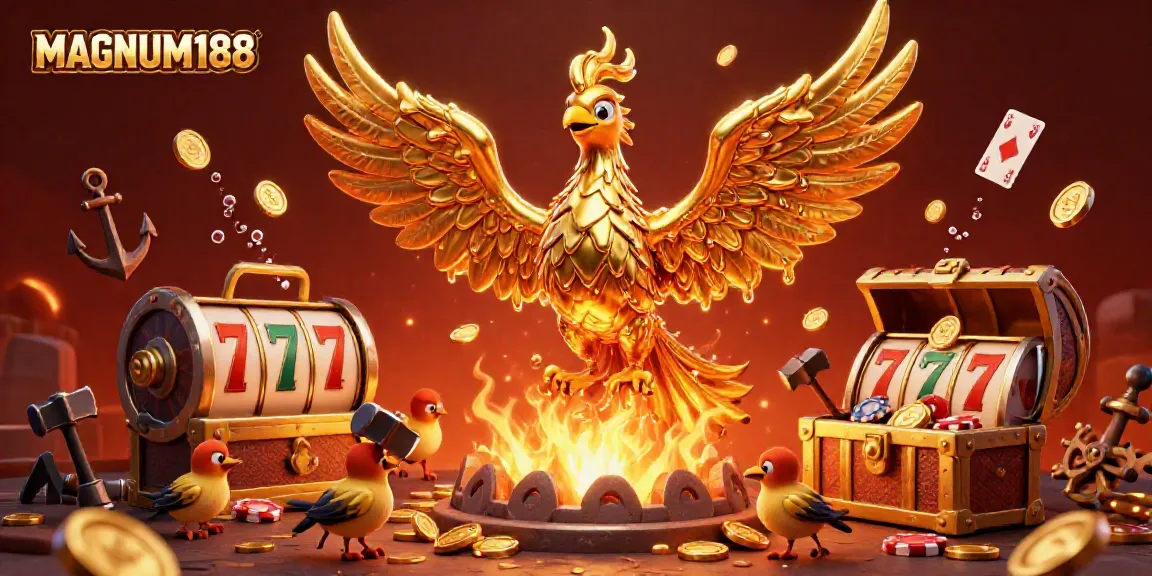 Experience the excitement of gambling with MAGNUM188 through a golden phoenix and vibrant casino elements.