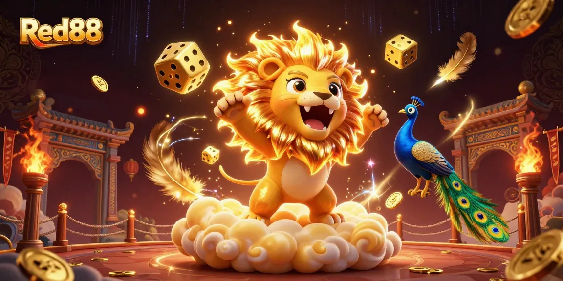 Engage with thrilling gaming adventures at Red88, featuring dynamic 3D visuals of roaring lions, golden dice, and rich gambling elements.
