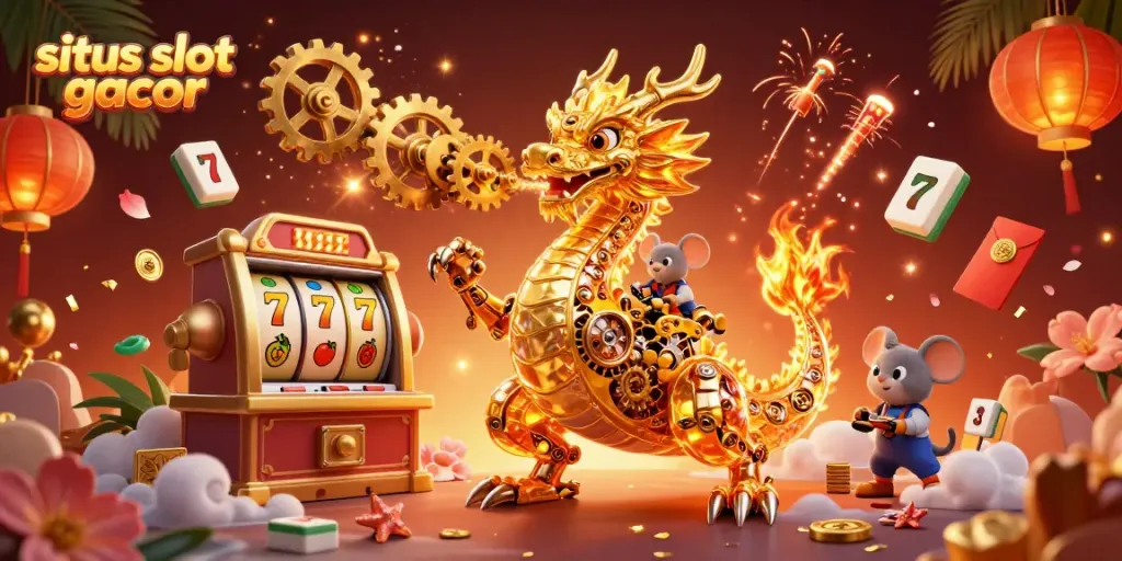 Rasakan sensasi bermain situs slot gacor dengan ilustrasi naga emas dan mesin slot penuh keberuntungan.