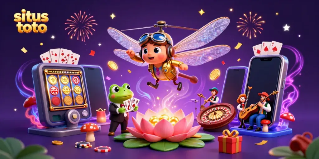 Delve into the excitement of situs toto with a vibrant 3D illustration showcasing a dragonfly pilot, frog croupier, and jazz musicians.