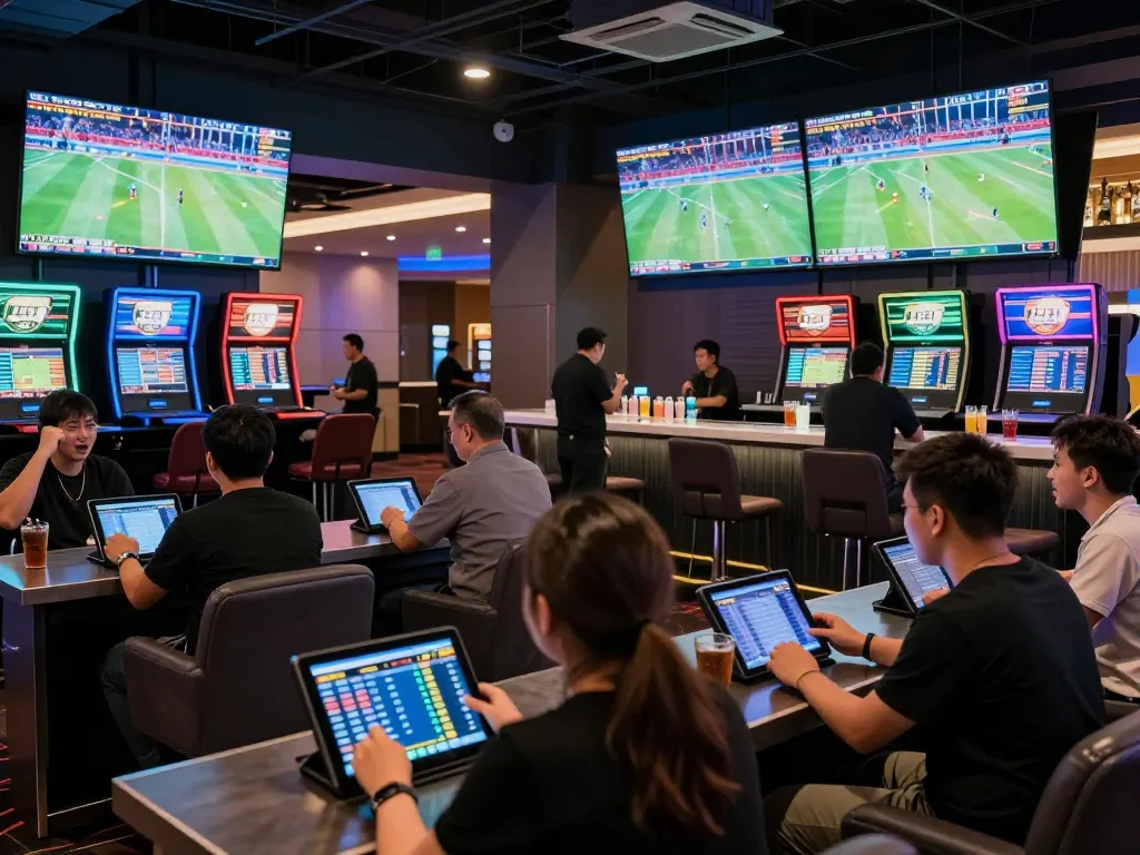 Watching live sports and placing bets at fabet's modern betting lounge.