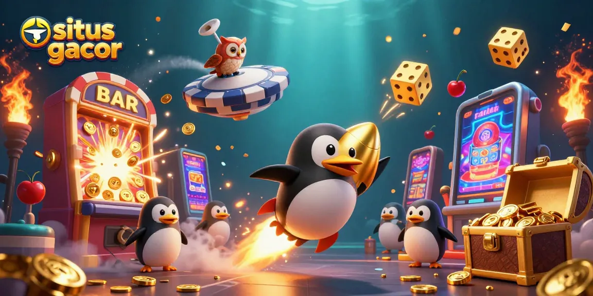 Experience excitement with situs gacor featuring a 3D rocket-powered penguin and vibrant slot elements.