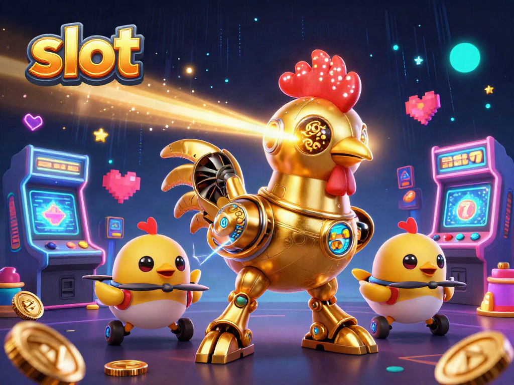 Slot dengan robot ayam emas 3D dan mesin permainan penuh warna dalam suasana kasino