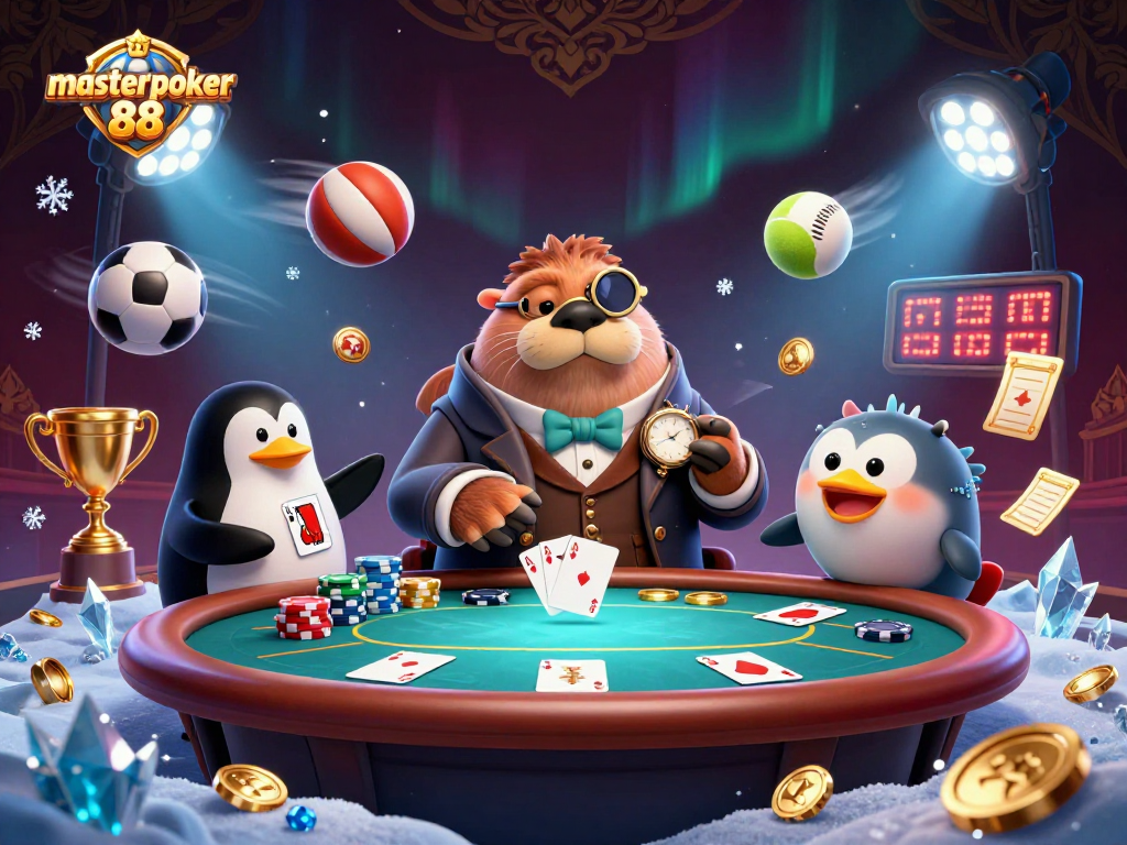 Masterpoker 88 mengilustrasikan walrus berjas Victorian bersantai di meja poker bawah laut yang dikelilingi bola olahraga.
