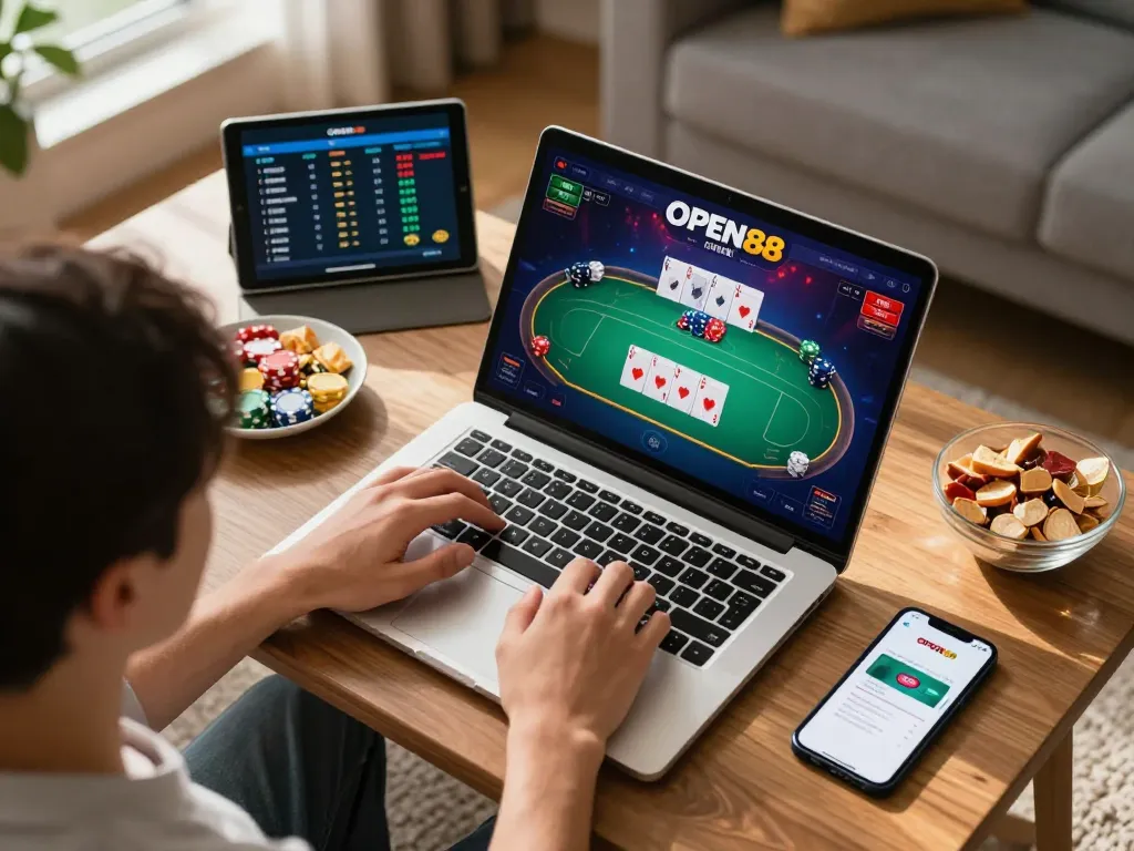 Player engaging in poker at OPEN88 using a laptop, illuminated screen showing game interface in comfortable home setting.