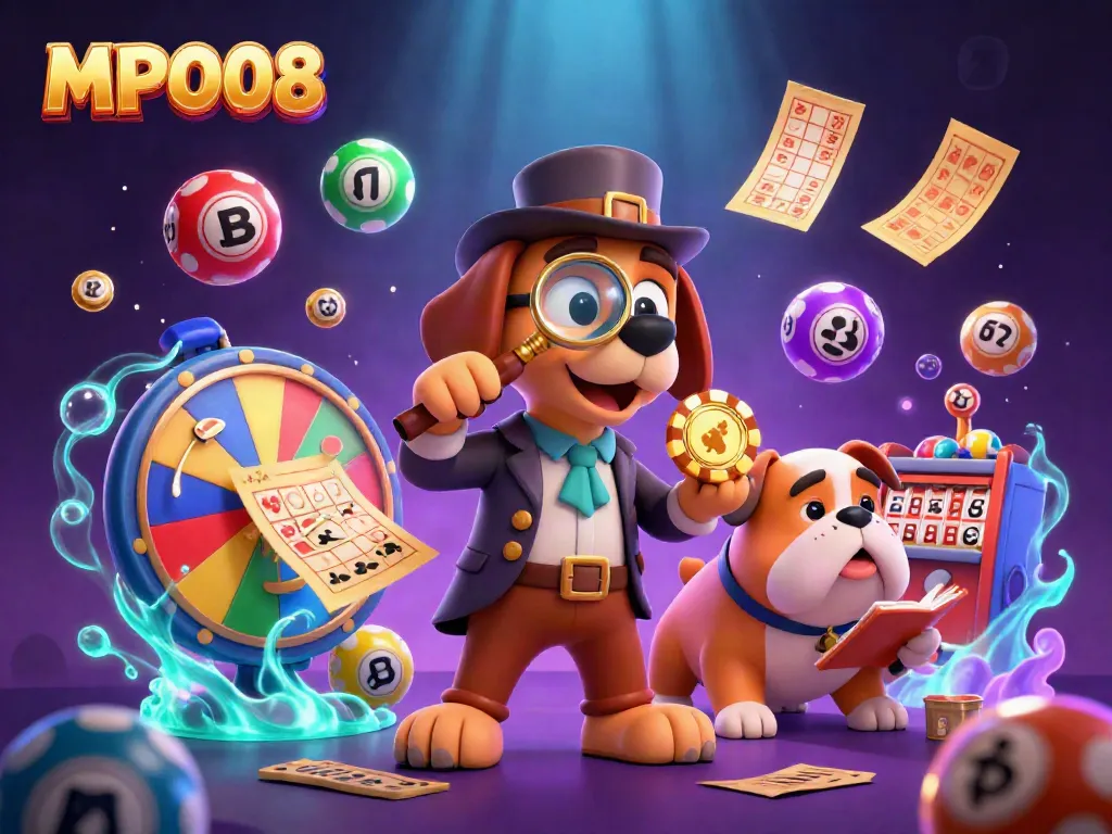 MPO08 enhances excitement with lottery elements, highlighted by a detective and his dog uncovering clues in a vibrant casino setting.