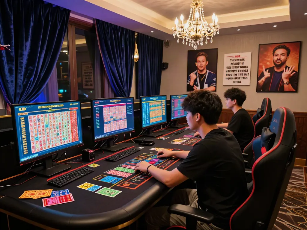 Penggemar Seributoto menikmati pengalaman bermain togel di ruang permainan mewah dengan tiket lotere dan suasana yang dinamis.