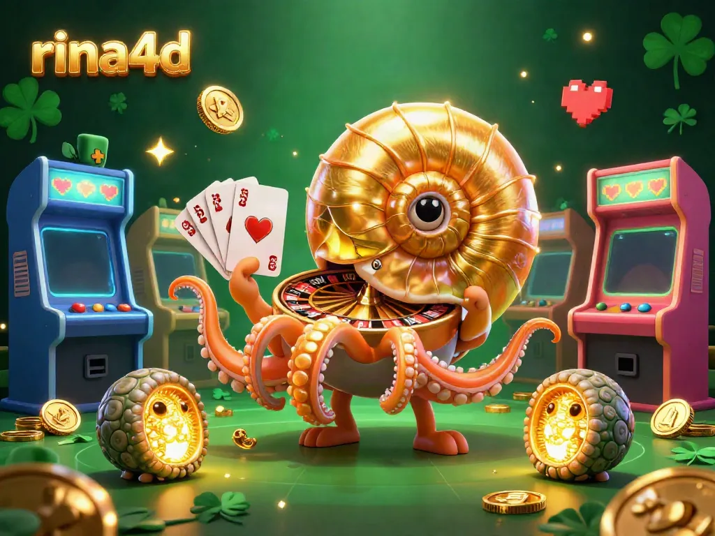 Experience the excitement with rina4d as a giant nautilus interacts with vibrant casino elements and glowing fossils.
