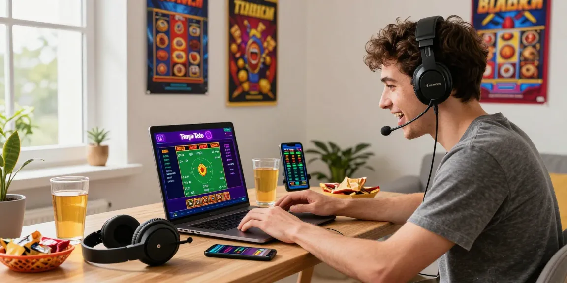 Excited young man engaging with Tempo Toto online gambling platform at home, surrounded by gaming accessories and snacks.