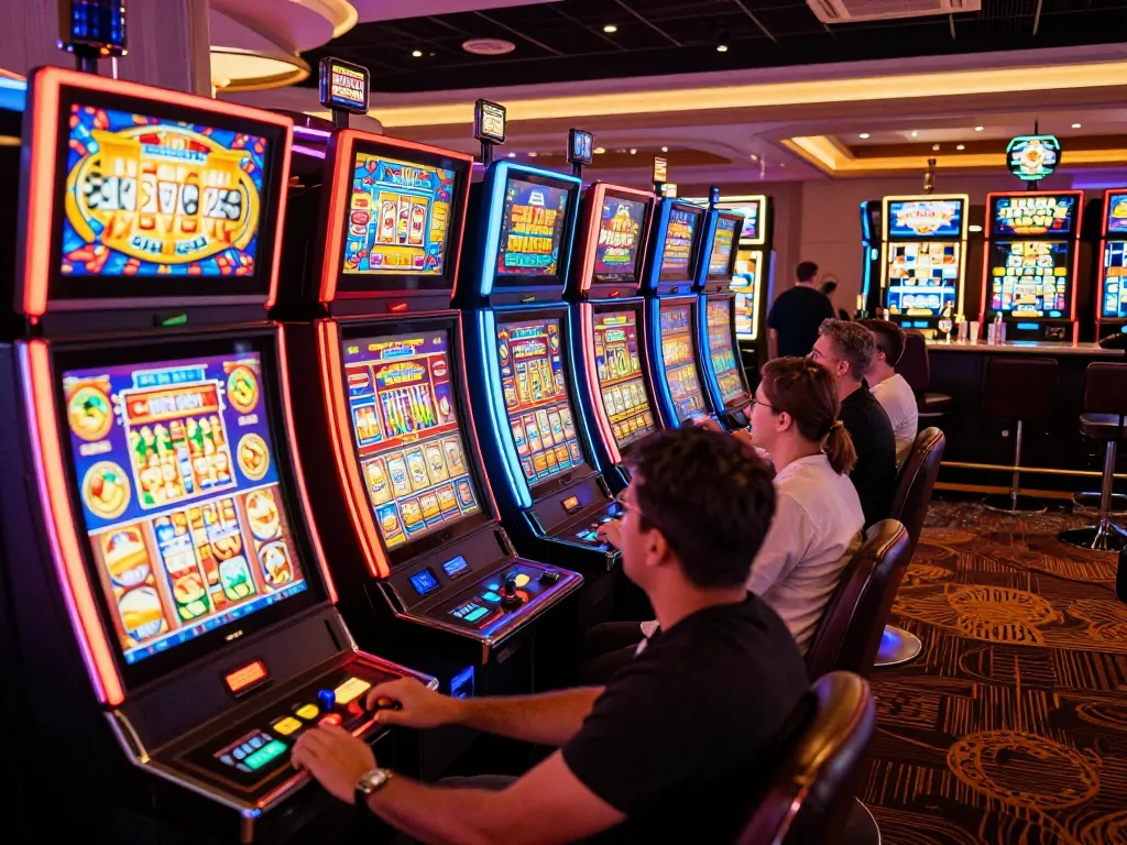 Players engaging with vibrant slot gacor machines in an exciting casino environment