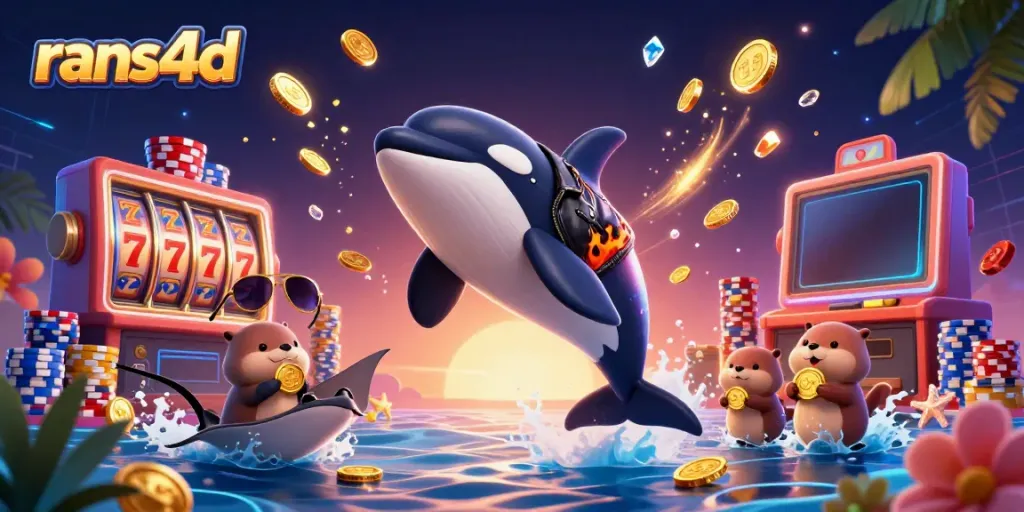 Gambarkan rans4d dengan orca, stingray, dan berang-berang menemukan koin emas saat bersenang-senang di dunia kasino.