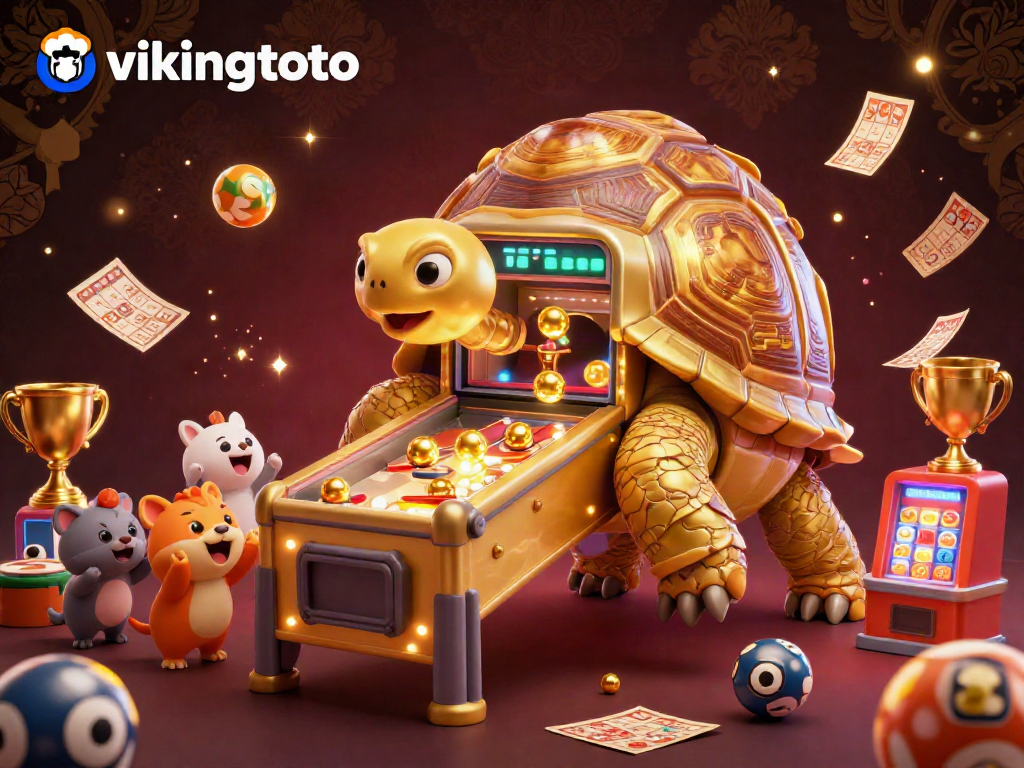 Engage with exciting vikingtoto casino gameplay as small animals cheer around a colossal golden tortoise pinball machine.