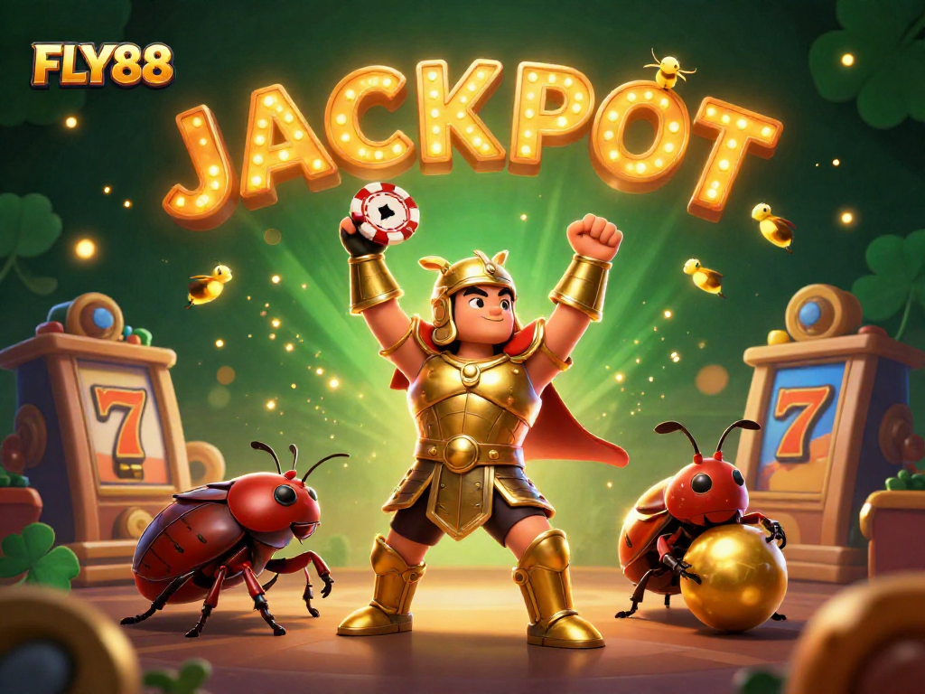 FLY88 showcases a 3D beetle triumphantly lifting a poker chip amidst vibrant slot machines.