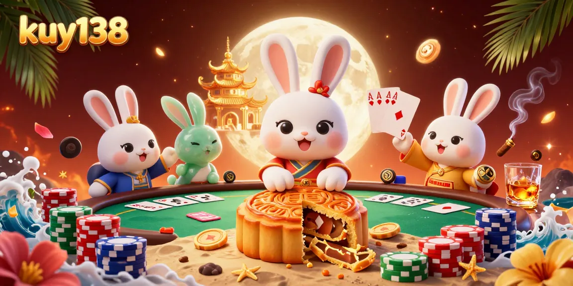 Menangkan bermain di kuy138 dengan ilustrasi kelinci bulan sedang menghancurkan mooncake dengan chip poker di dalamnya.