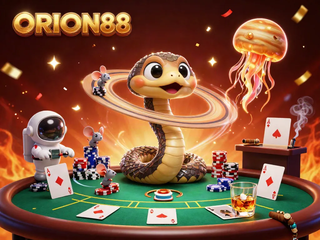 Experience the thrill of ORION88 with a vibrant cosmic casino scene featuring unique characters and dynamic gameplay.