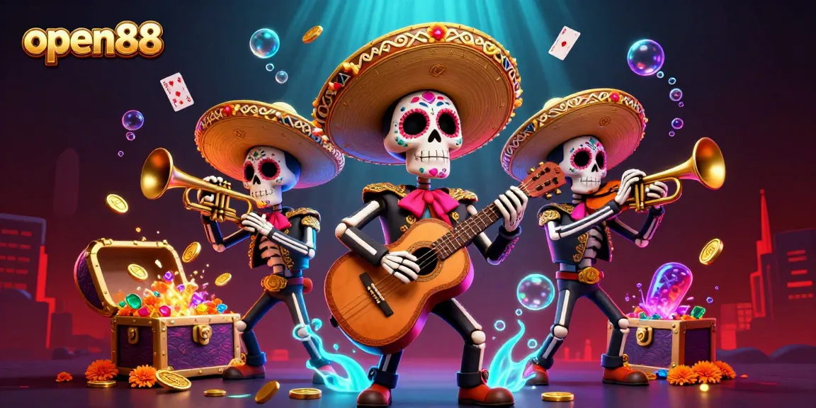 Experience exciting gameplay with open88, featuring vibrant skeleton mariachi band and dynamic casino elements.