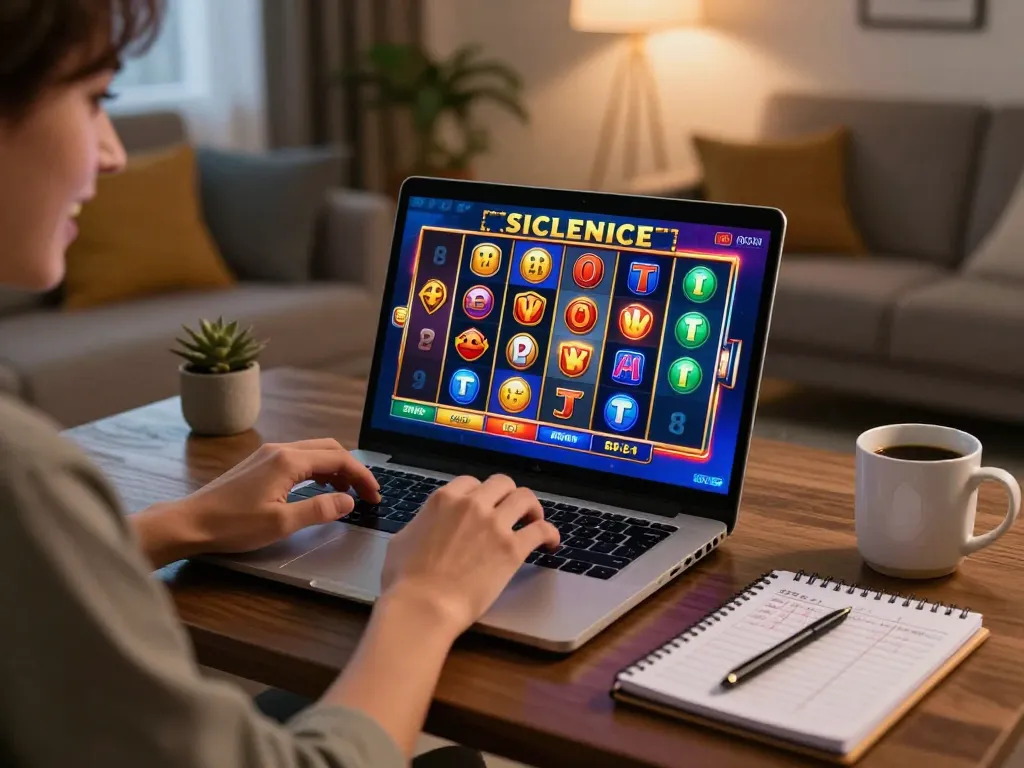 Engaging with situs slot gacor online on a laptop at home, showcasing vibrant gameplay