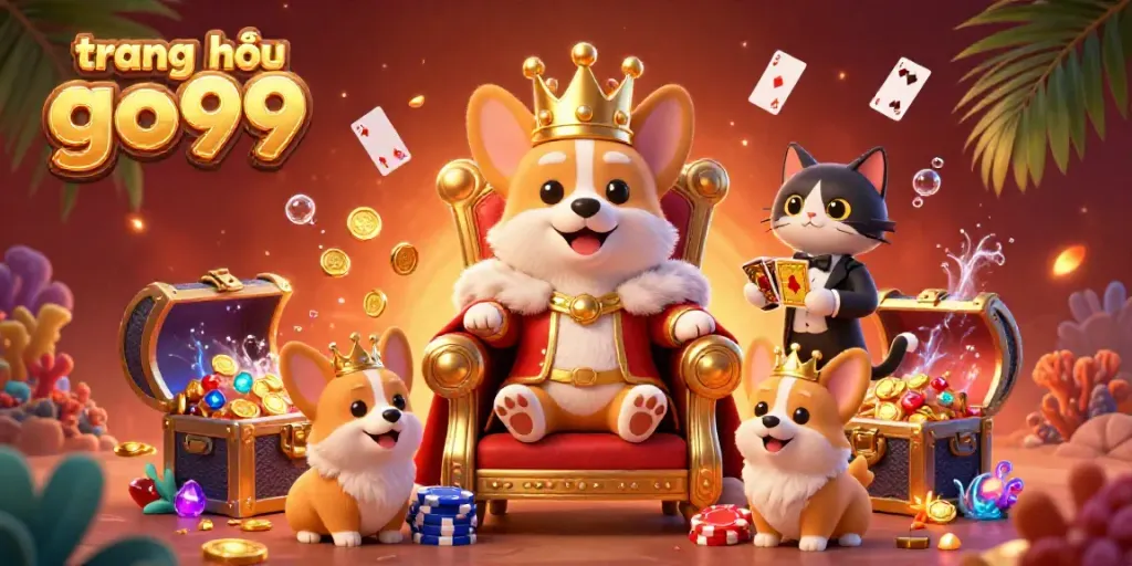 Engage with the vibrant action at trang chủ go99, featuring a crowned corgi on a poker chip throne.