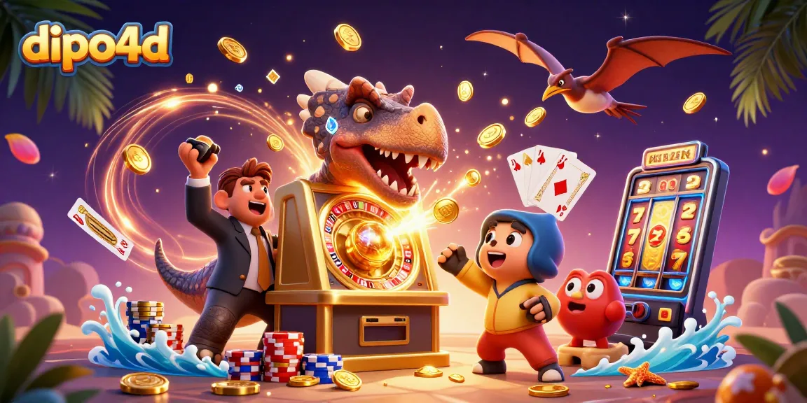 Dipo4d showcases a unique 3D illustration of a dinosaur interacting with a slot machine, capturing excitement.