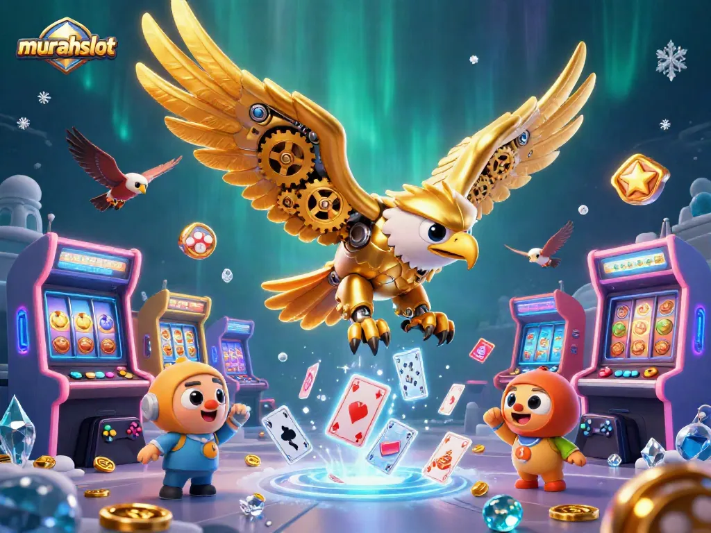 Experience thrilling gameplay with murahslot as a 3D golden eagle dives through vibrant card cascades.