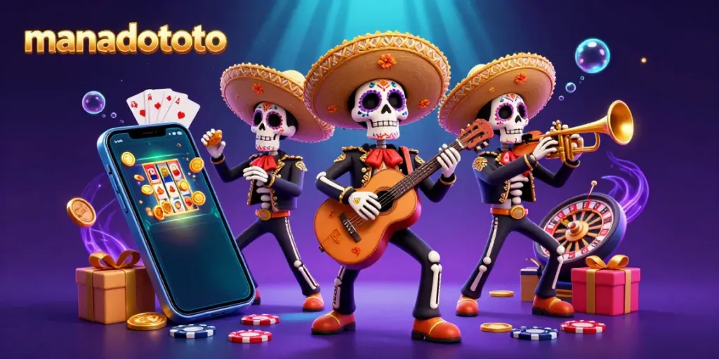 Experience the vibrant manadototo slots scene with mariachi skeletons celebrating wins and games.