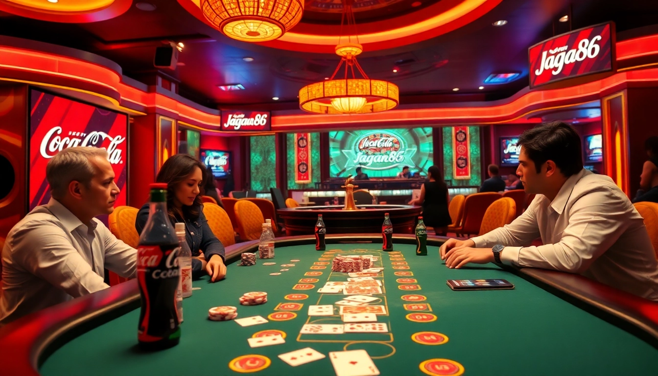 Experience the thrill of jagoan86 gaming at a luxurious poker table with vibrant chips and cards.