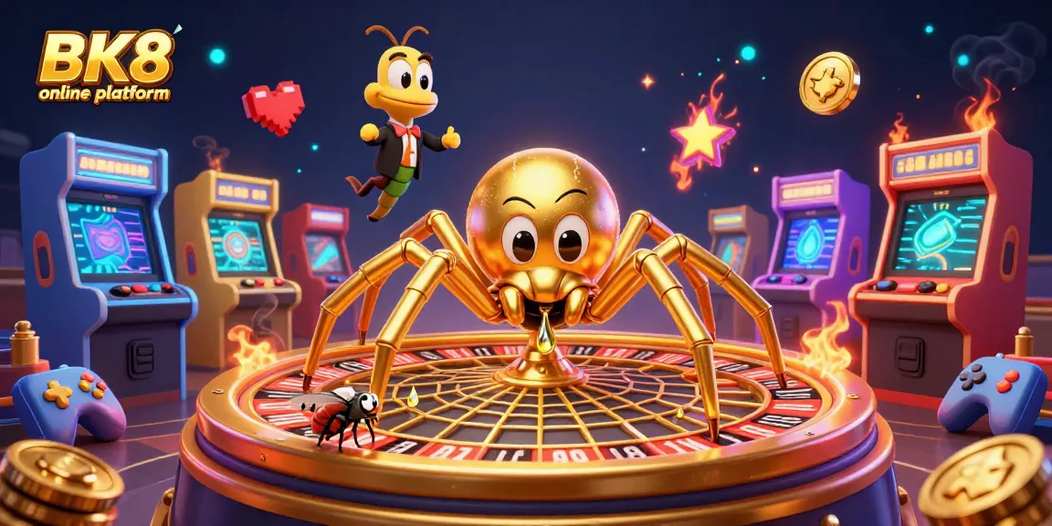 Engage with the BK8 online platform's thrilling atmosphere showcasing colorful characters and dynamic gambling elements.