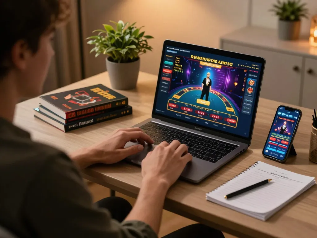 Engaging player enjoying online casino games at https://fabet.limited/ on a stylish desk.