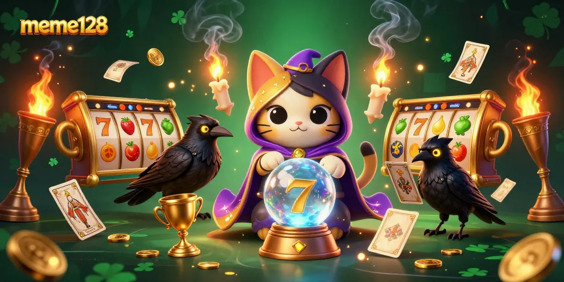 Experience the excitement of meme128 with this vibrant 3D slot and mystic-themed casino illustration.