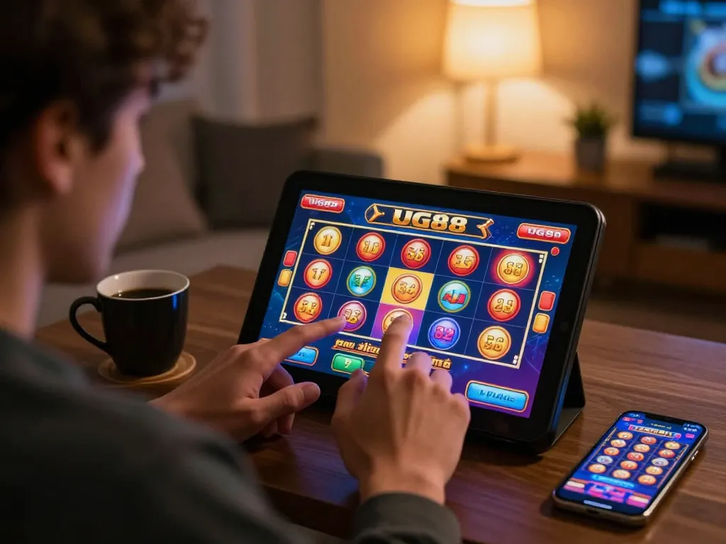 Player utilizing the UG88 app for an engaging mobile casino experience at home while relaxing on the couch.