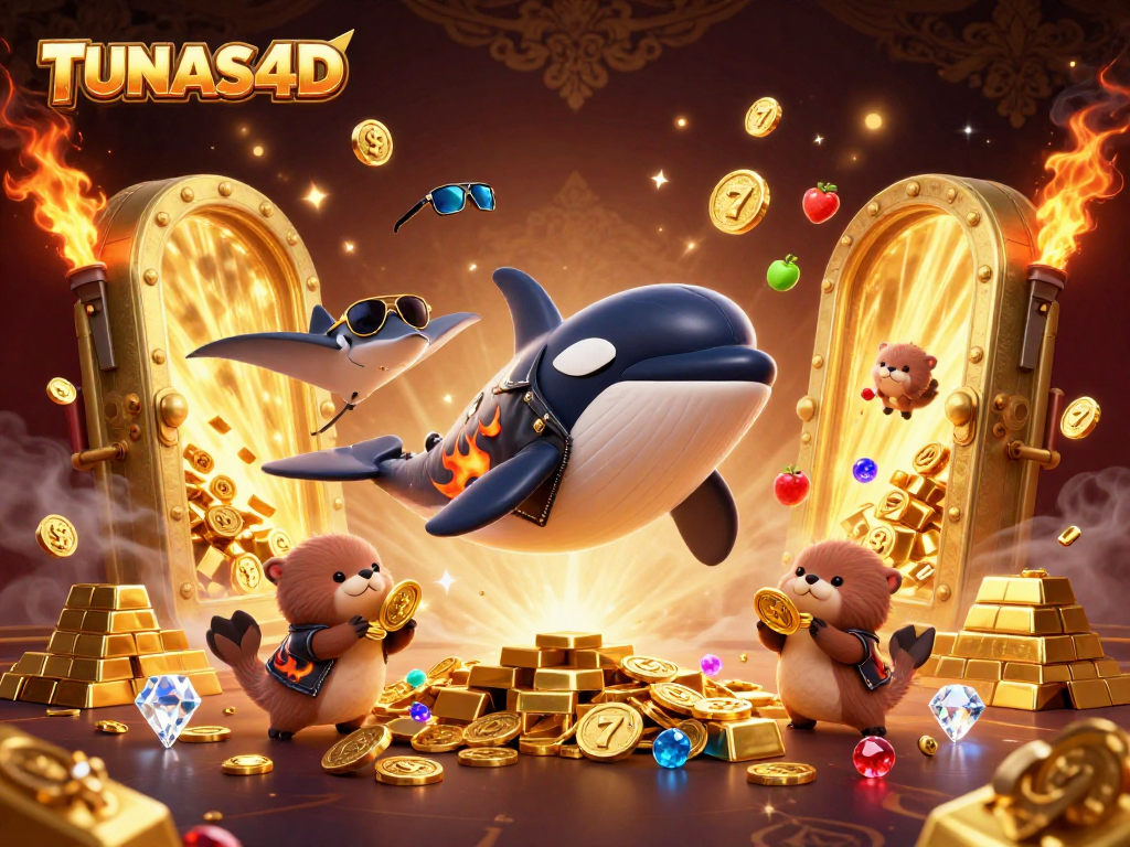 TUNAS4D engages players with a vibrant 3D illustration of gambling excitement featuring unique characters and slot elements.