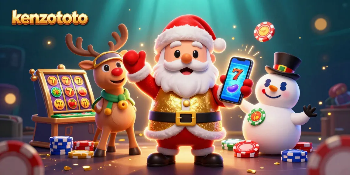 Kenzototo brings excitement with a 3D caricature of Santa at a vibrant slots table, showcasing jackpots.
