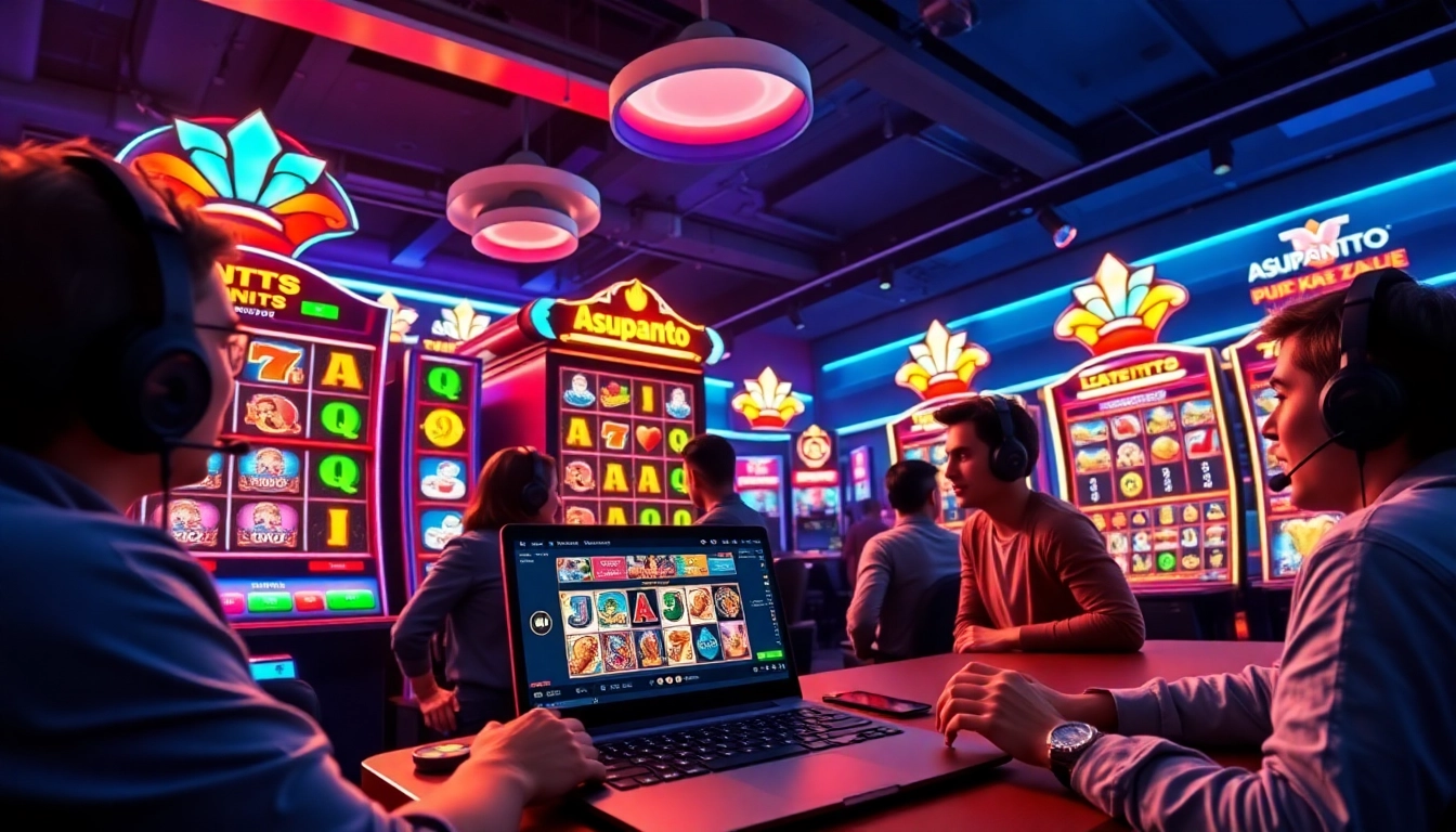 Asupantoto gaming experience with vibrant slot machines and excited players.