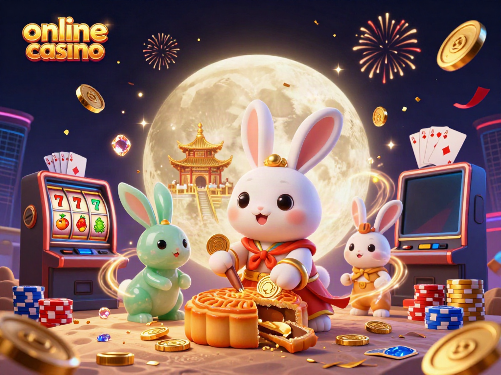 Experience online casino magic with a moon rabbit character surrounded by vivid gaming elements.