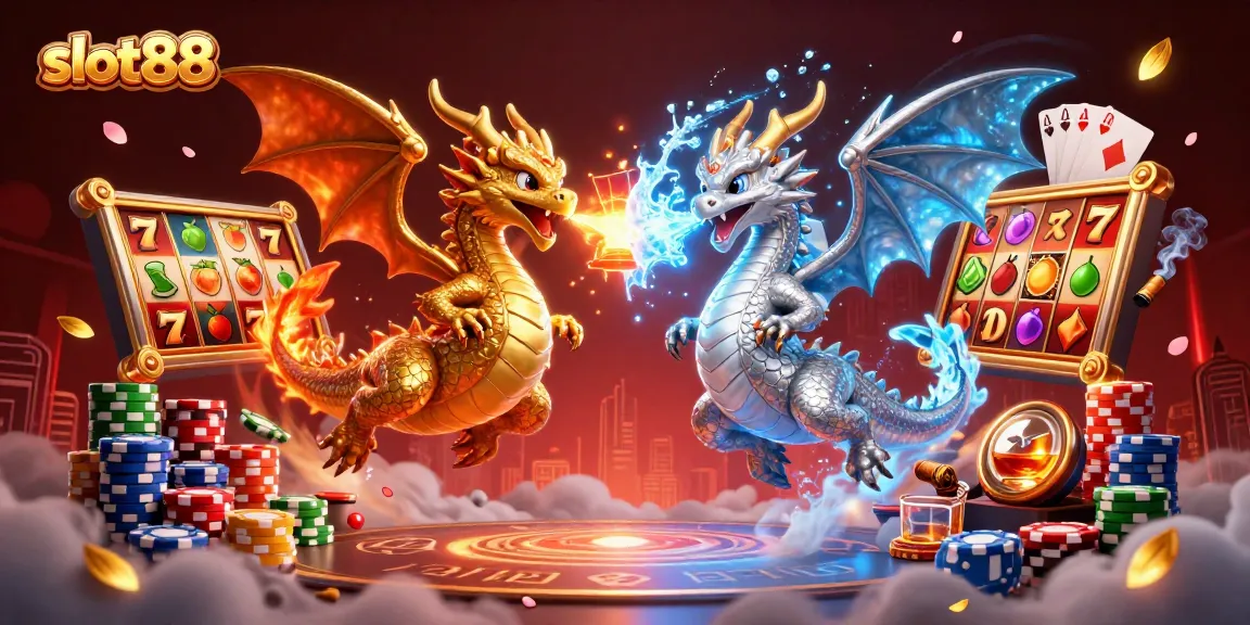 Engage in thrilling gameplay with slot88, featuring gold and silver dragons, vibrant slot reels, and captivating casino elements.
