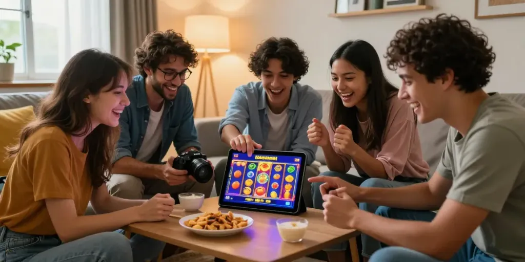 Friends enjoying a lively session of slot gacor games on a tablet, showcasing excitement and fun.