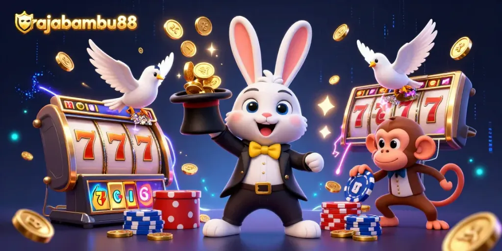 Rajabambu88 menghadirkan ilustrasi kasino 3D dengan karakter kelinci dan elemen jackpot yang memukau.