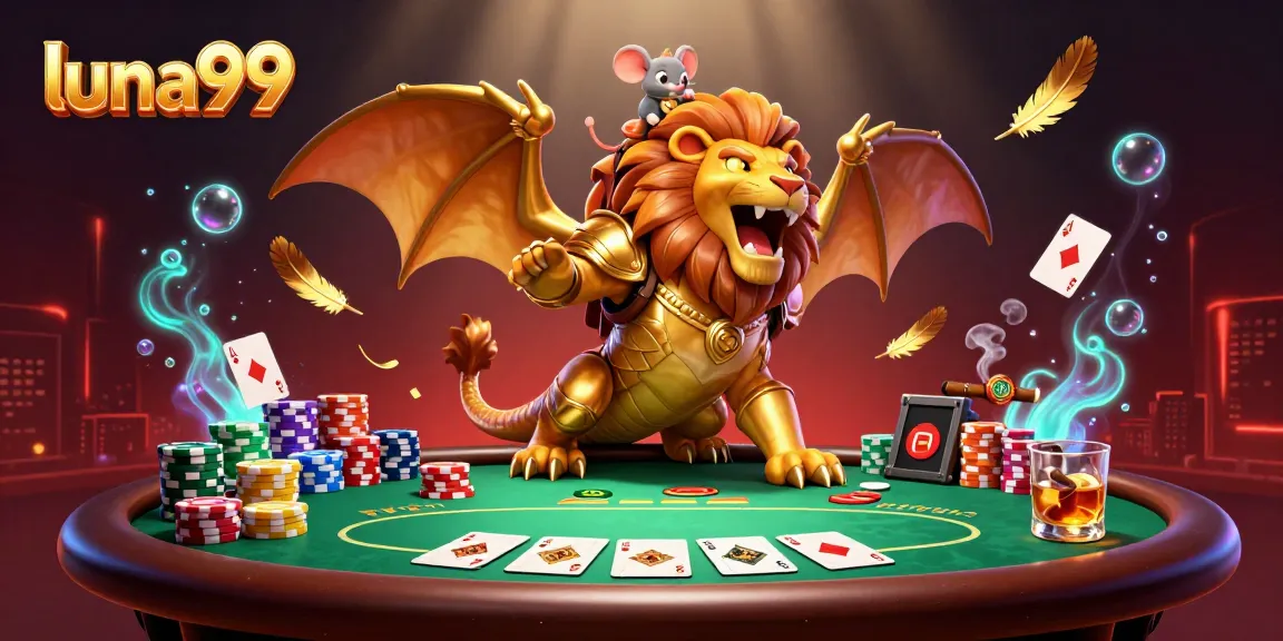 Gambarlah luna99 yang berisi chimerik dengan poker yang meriah dan atmosfer kasino yang menawan.