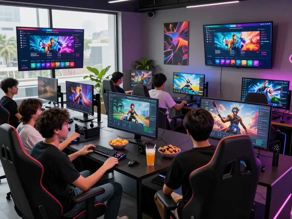 Engaging gamers enjoying the MERDEKA88 platform in a lively lounge environment, showcasing vibrant screens and community.