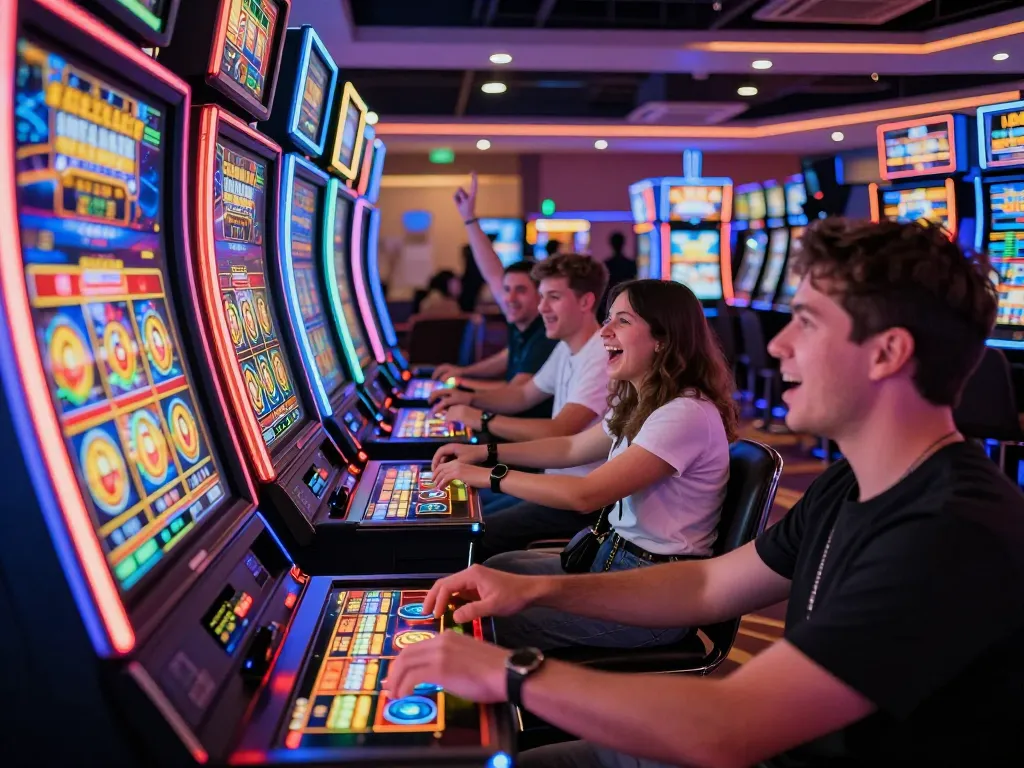 Pemain menikmati permainan slot spaceman di slot kasino yang ramai, pencahayaan neon cerah menciptakan suasana yang mengasyikkan.